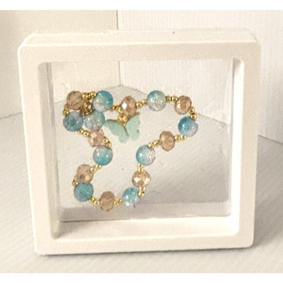 Blue & Gold Beaded Stretch Bracelet Butterfly Charm in 3D Floating Display Case - Picture 1 of 6